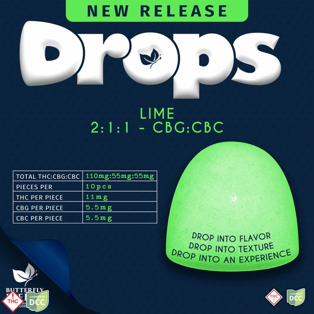 Butterfly Effect - 2:1:1 CBC/CBG Lime Gummie Drops - 10ct - 110mg - Image 1 Butterfly Effect - 2:1:1 CBC/CBG Lime Gummie Drops - 10ct - 110mg - Image 1