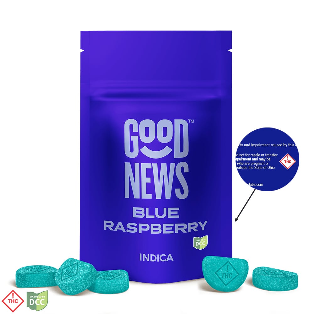 GOOD NEWS BLUE RASPBERRY GUMMIES - EDIBLE - 10PK - INDICA - THC: 100.35MG CBD: 0MG