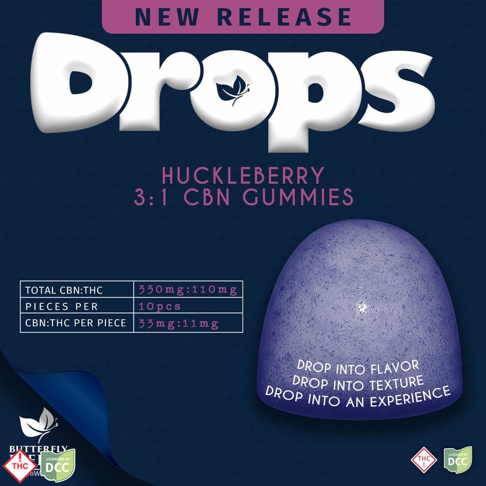 Butterfly Effect - 1:3 CBN Huckleberry Gummie Drops - 10ct - 110mg