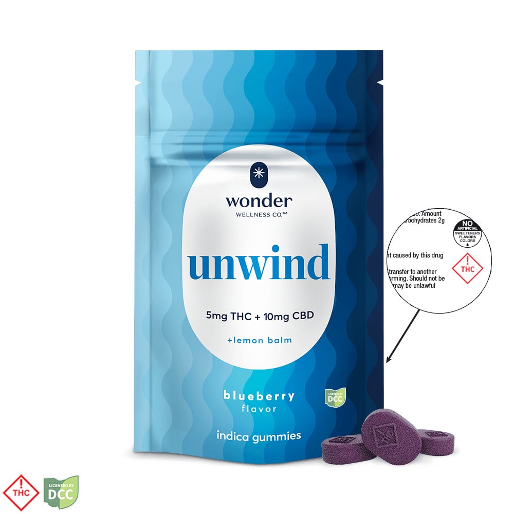 Wonder Unwind - Blueberry + Lemon Balm 1:2 THC:CBD Gummies - 20ct - 110mg