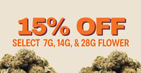 Promotional image for 15% Off 7g, 14g, 28g Flower