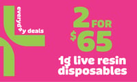 Promotional image for 2 for $65 Live Resin Disposables Promotional image for 2 for $65 Live Resin Disposables