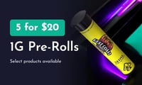 Promotional image for 5 for $20: select 1g Flower Pre-Rolls Promotional image for 5 for $20: select 1g Flower Pre-Rolls
