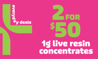 Promotional image for 2 for $50 Select 1g Live Resin Concentrates Promotional image for 2 for $50 Select 1g Live Resin Concentrates