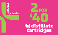 Promotional image for 2 for $40 1g Distillate Cartridges Promotional image for 2 for $40 1g Distillate Cartridges