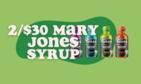 Promotional image for 2/$30 Mary Jones Syrup