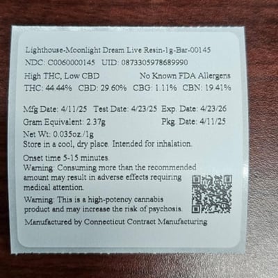 Shop Lighthouse-Moonlight Dream Live Resin-1g-Bar- C0060000145 - 1.0g |  Budr Cannabis - Tolland Dispensary Tolland, CT