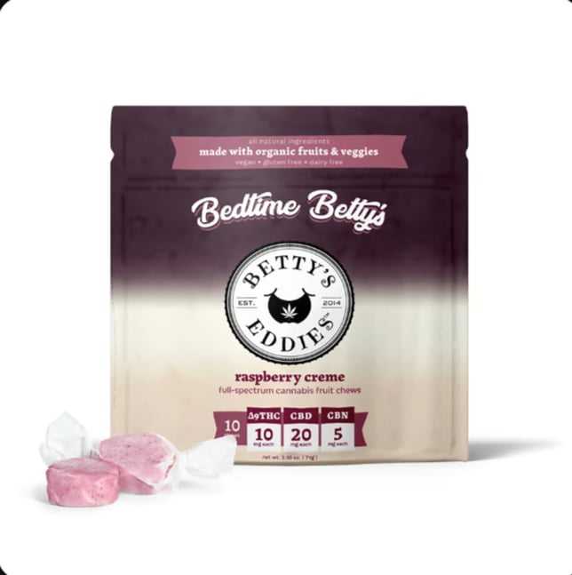 Bedtime Betty’s Raspberry Creme [10pk] (100mg THC/200mg CBD/50mg CBN) Sleep Fruit Chews - Image 1