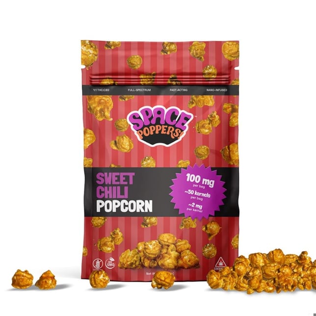 Space Poppers - Sweet Chili 1:1 Infused Popcorn (100mg) - Image 1 Space Poppers - Sweet Chili 1:1 Infused Popcorn (100mg) - Image 1