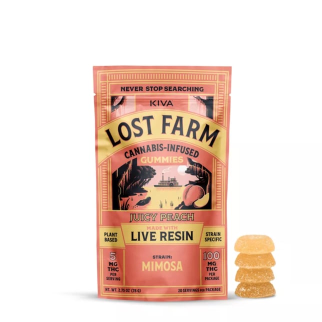 KIVA Lost Farm - Mimosa x Juicy Peach Live Resin Gummies (100mg 20pk) - Image 1 KIVA Lost Farm - Mimosa x Juicy Peach Live Resin Gummies (100mg 20pk) - Image 1