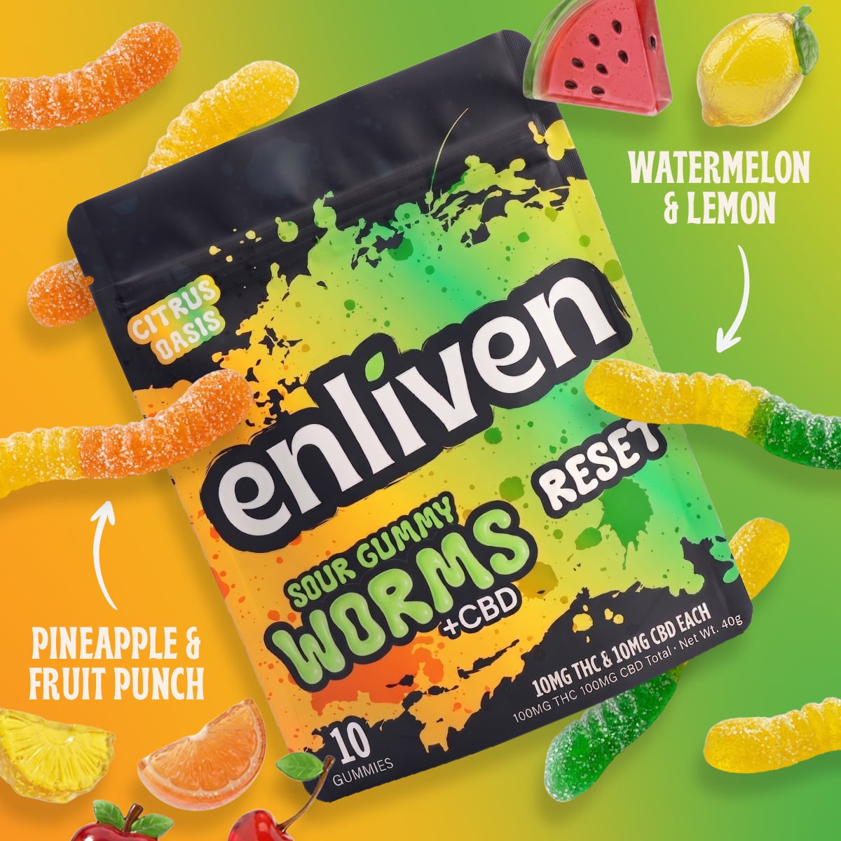 Sour Gummy Worms - Reset [10pk] (100mg THC/100mg CBD)