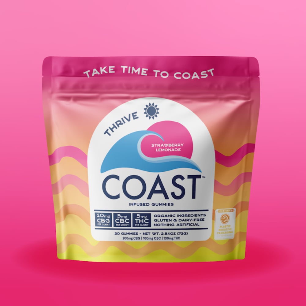 Coast - Strawberry Lemonade (Thrive) 10:5:5 CBG:CBC:THC Organic Gummies (100mg 20pk) *NP Coast - Strawberry Lemonade (Thrive) 10:5:5 CBG:CBC:THC Organic Gummies (100mg 20pk) *NP