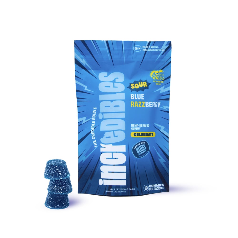 Hemp Derived - Sour Blue Raspberry 10mg THC 10mg CBG Gummies 10pk