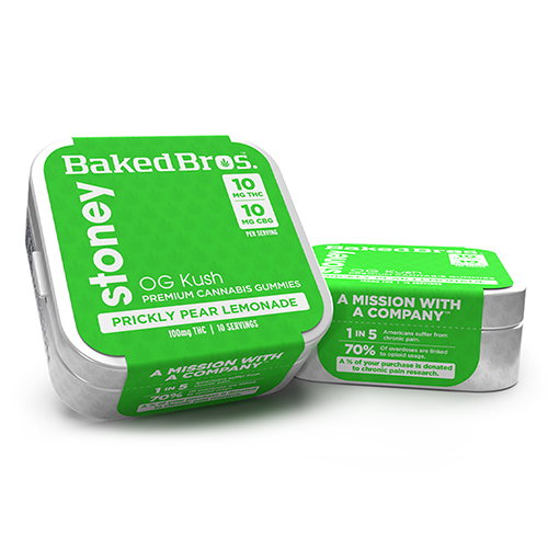 Baked Bros Stoney: 100mgTHC : 100mgCBG : Prickly Pear Lemonade Gummies (OG Kush) (10pk)