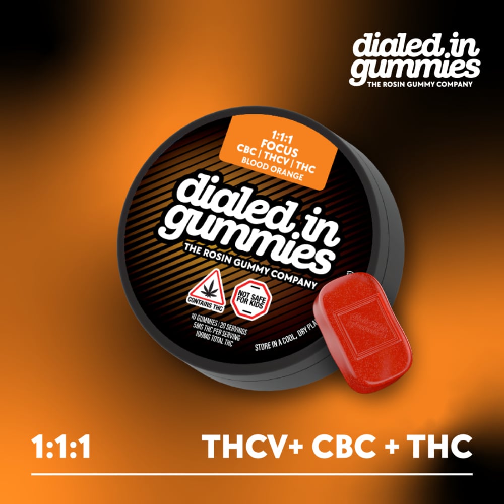 Dialed In - Blood Orange 1:1:1 THC:THCv:CBC (Focus) Rosin Gummies (100mg 20pk)