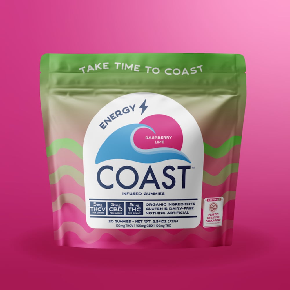 Coast - Raspberry Lime (Energy) 1:1:1 THC:CBD:THCV Organic Gummies (100mg 20pk) Coast - Raspberry Lime (Energy) 1:1:1 THC:CBD:THCV Organic Gummies (100mg 20pk)