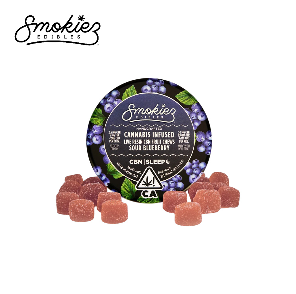 SOUR BLUEBERRY 2:1 THC:CBN 100MG 20 PACK LIVE RESIN FRUIT CHEWS