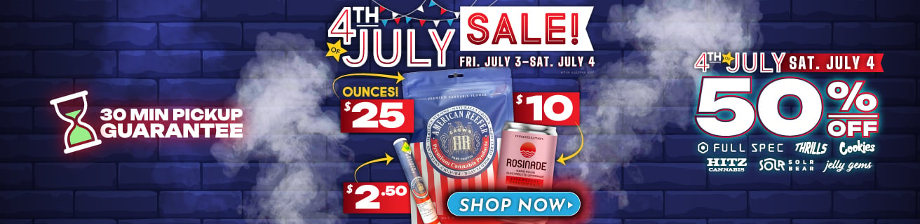 Get 3 great deals during The Green Nugget 4th of July Sale on Friday, July 3rd and Saturday, July 4th! $2.50 2 Pack Pre-Rolls and $25 Ounces from American Reefer, and $10 Rosinades from Constellation - 2 days only! Hurry in!