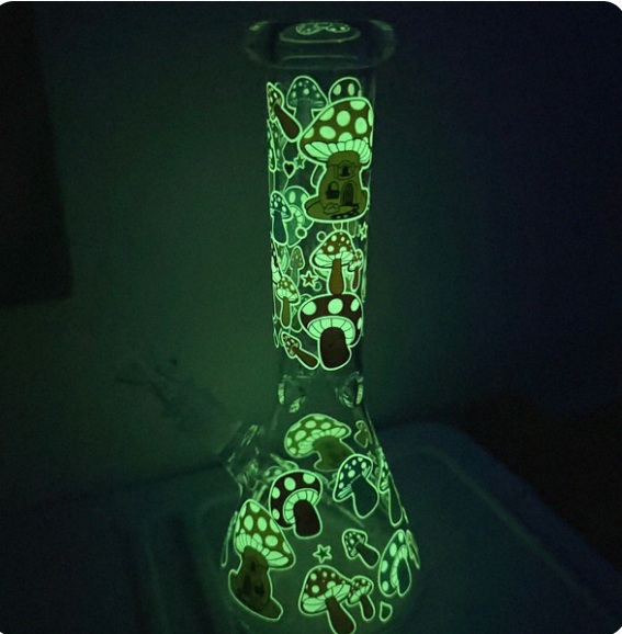 Rainbow Mushroom GLOW Decal Beaker 10" Bong