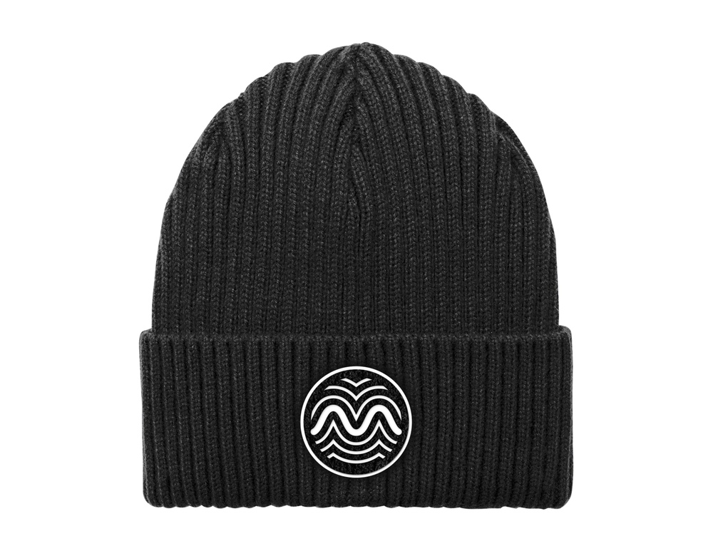 Waveprint Patched Ribbed Beanie - Black