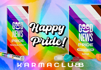 [image of Good News Pride Tropical Punch Disposable Vape Pen] Happy Pride! [karmaclub logo underneath] [image of Good News Pride Assorted Sours Sativa Gummies]