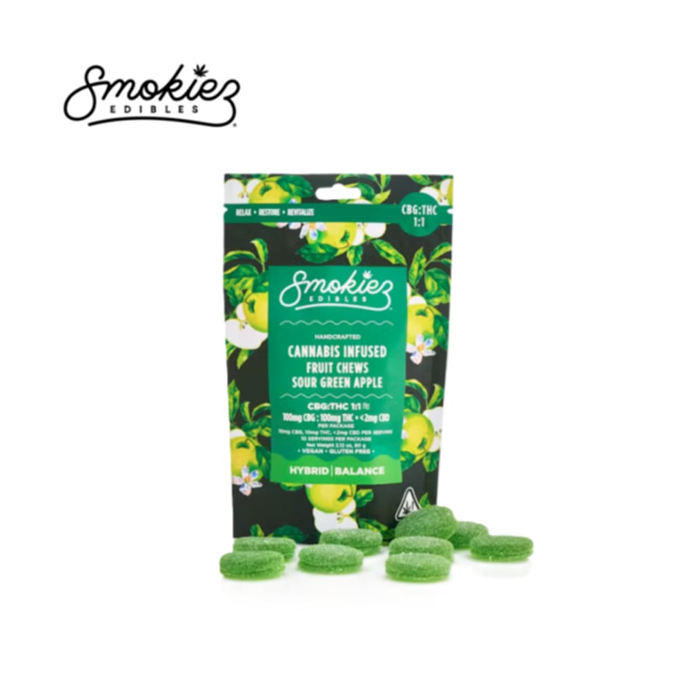 SOUR GREEN APPLE 1:1 THC:CBG 100MG 10 PACK FRUIT CHEWS